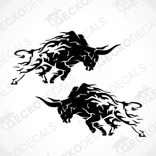 A pair of black and white tribal bull decals designed for use on vehicles or other surfaces.