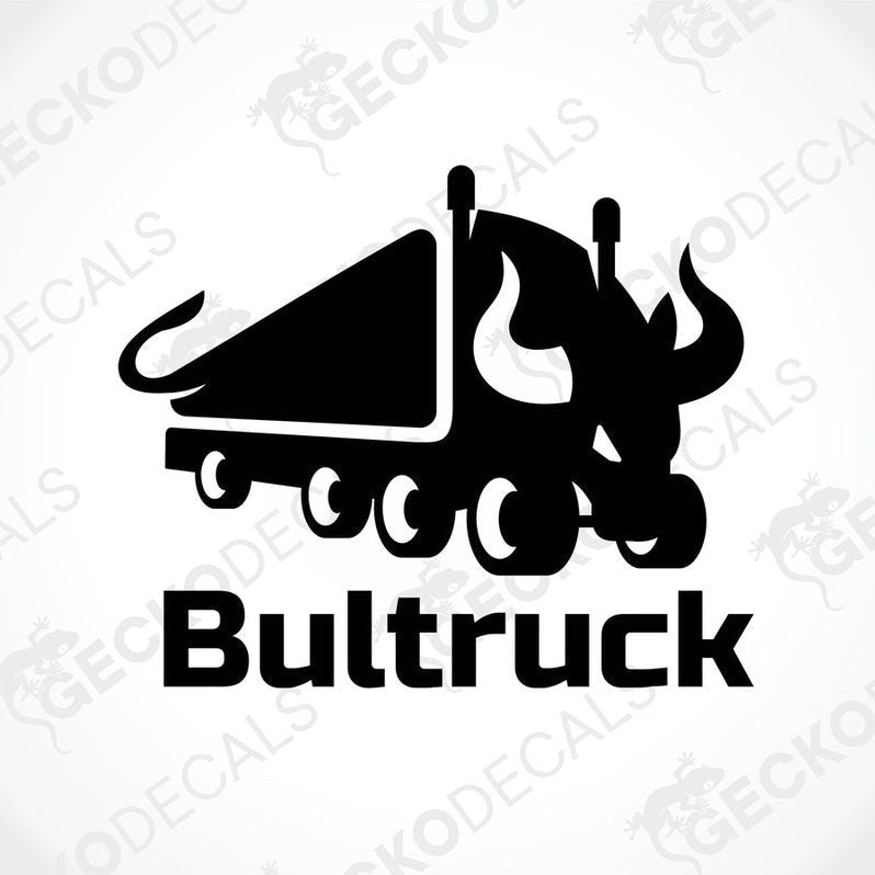 A black and white die cut decal of a bull with a truck, labeled 'Bultruck'.