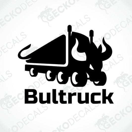 A black and white die cut decal of a bull with a truck, labeled 'Bultruck'.