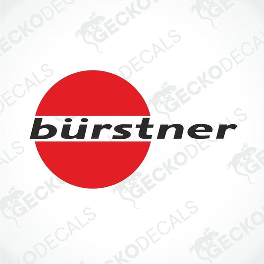 A die cut sticker with the brand name 'bÜrstner' written in white letters on a red circular background, intended for use on vehicles such as caravans.
