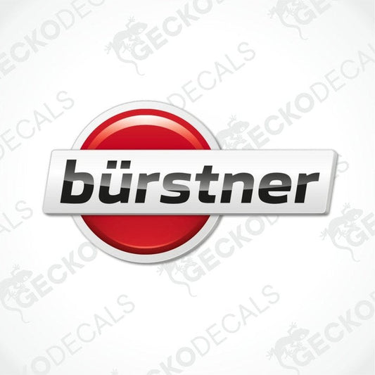 A printed and laminated sticker with the text 'bürstner' on a red circular background, likely intended for use as a decal on vehicles or products.