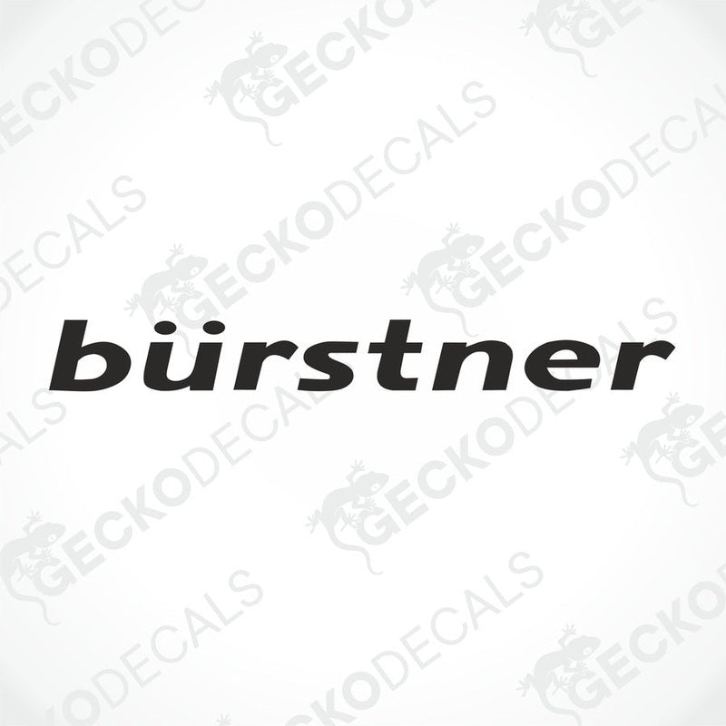 The image shows a white background with the word 'bürstner' in black font and a small graphic of a dragonfly. There is a 'GECKODECALS' logo at the bottom.
