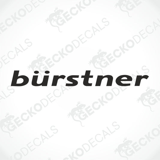 The image shows a white background with the word 'bürstner' in black font and a small graphic of a dragonfly. There is a 'GECKODECALS' logo at the bottom.