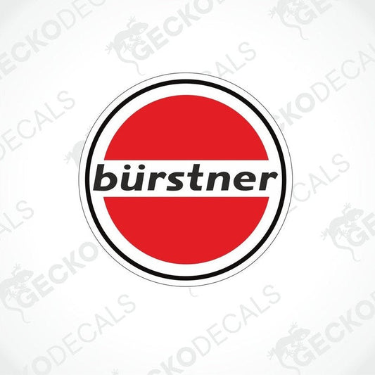 A circular sticker with a red background and the white text 'bÜrstner' centered on it, bordered by a white line.