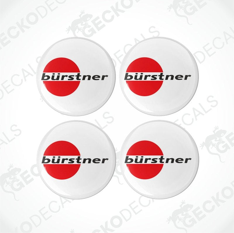 A set of four vinyl decals with a polyurethane coating, featuring the bürstner brand logo in red and white colors.