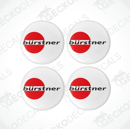 A set of four vinyl decals with a polyurethane coating, featuring the bürstner brand logo in red and white colors.