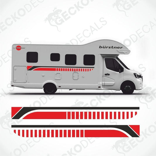 A white BÜRSTNER caravan with red and black decals, including the BÜRSTNER logo and text, on a white background.