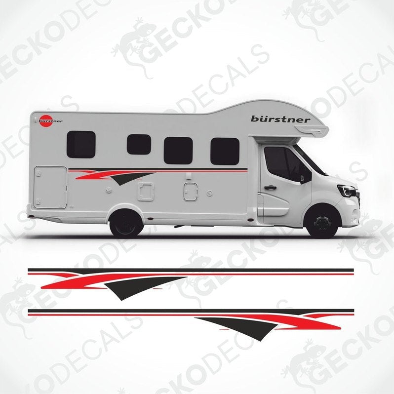 A set of decals for a BÜRSTNER caravan, including side decals, logo decals, and text decals, displayed on a white background.