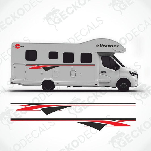 A set of decals for a BÜRSTNER caravan, including side decals, logo decals, and text decals, displayed on a white background.