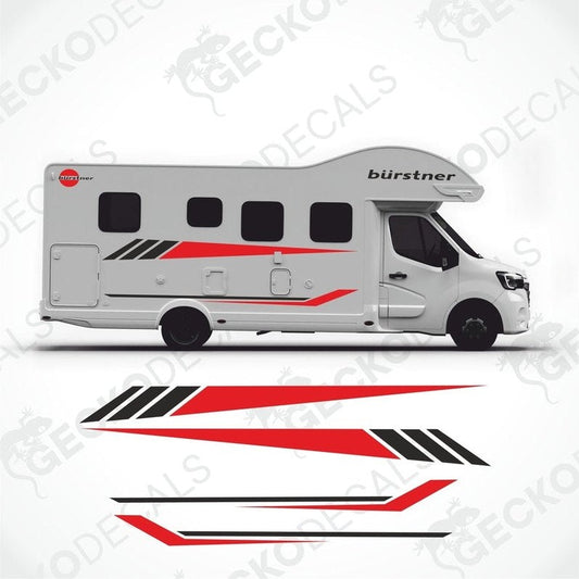 A set of decals for a BÜRSTNER caravan, including stripes and text logos in red and black on a white background.