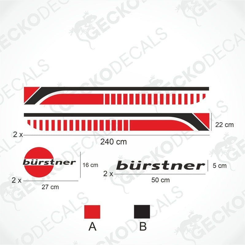 A white BÜRSTNER caravan with red and black decals, including the BÜRSTNER logo and text, on a white background.