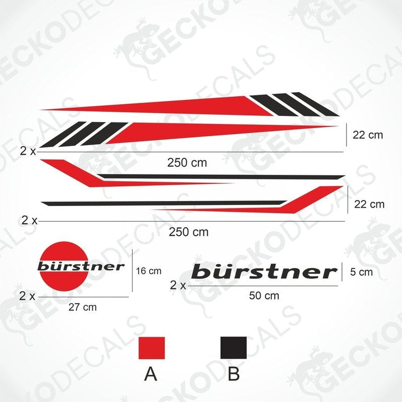 A set of decals for a BÜRSTNER caravan, including stripes and text logos in red and black on a white background.