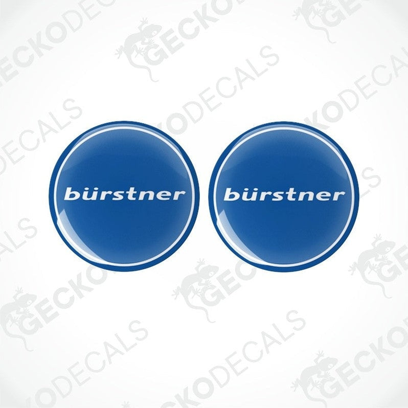 Two blue vinyl stickers with the word 'bürstner' printed on them, placed against a white background with the Gecko Decals logo.