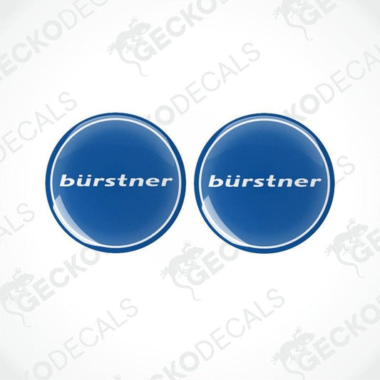 Two blue vinyl stickers with the word 'bürstner' printed on them, placed against a white background with the Gecko Decals logo.