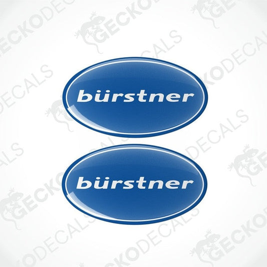 Two blue dome-shaped vinyl decals with the text 'bÜrstner' on them, placed on a white background.