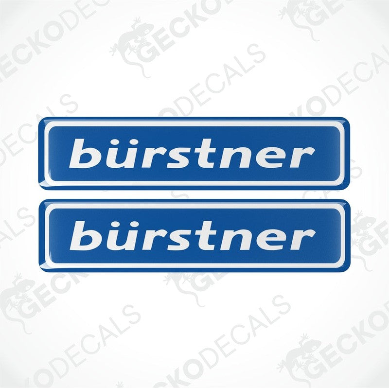 Two blue vinyl decals with the text 'bÜrstner' in white.