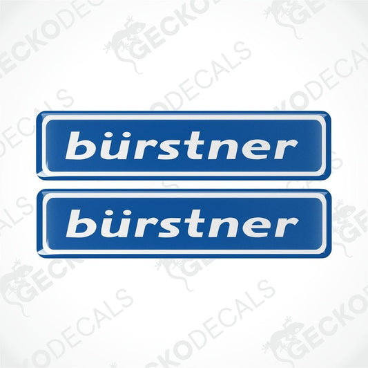 Two blue vinyl decals with the text 'bÜrstner' in white.