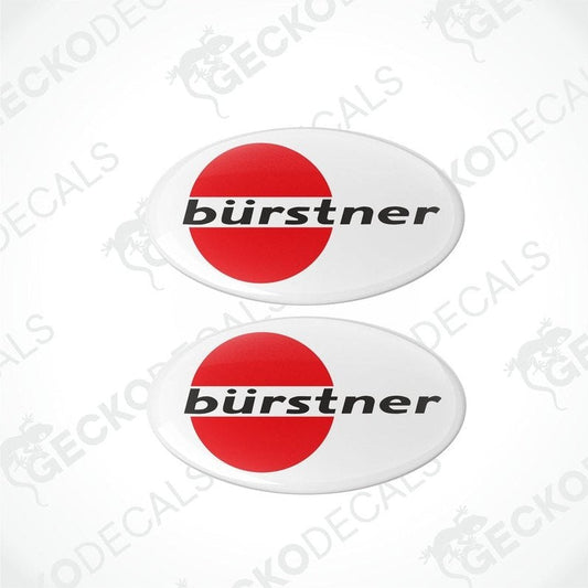 Two round vinyl stickers with a red and white color scheme and the word 'bürstner' written on them.