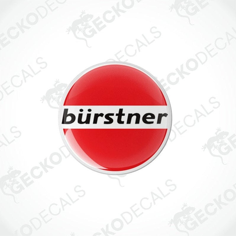 Single Bürstner red domed epoxy resin decal with white stripe