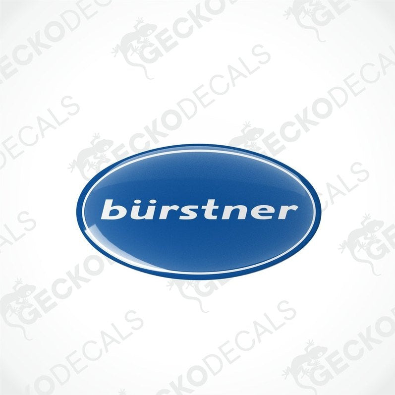  blue dome-shaped vinyl decals with the text 'bÜrstner' on them, placed on a white background.