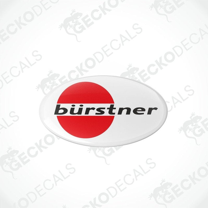 round vinyl stickers with a red and white color scheme and the word 'bürstner' written on them.