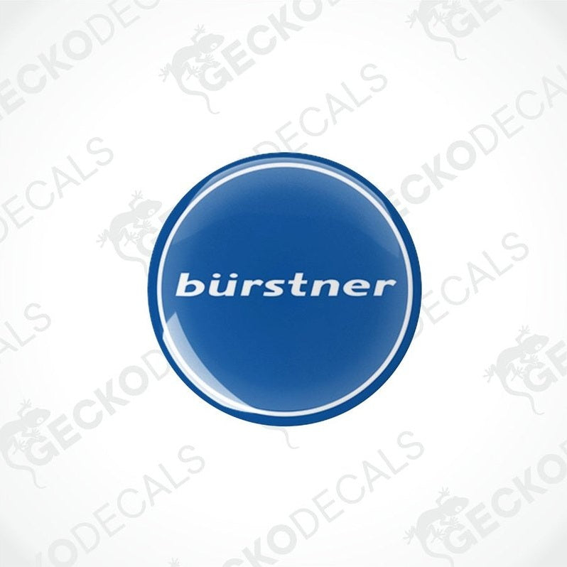  blue vinyl stickers with the word 'bürstner' printed on them, placed against a white background with the Gecko Decals logo.