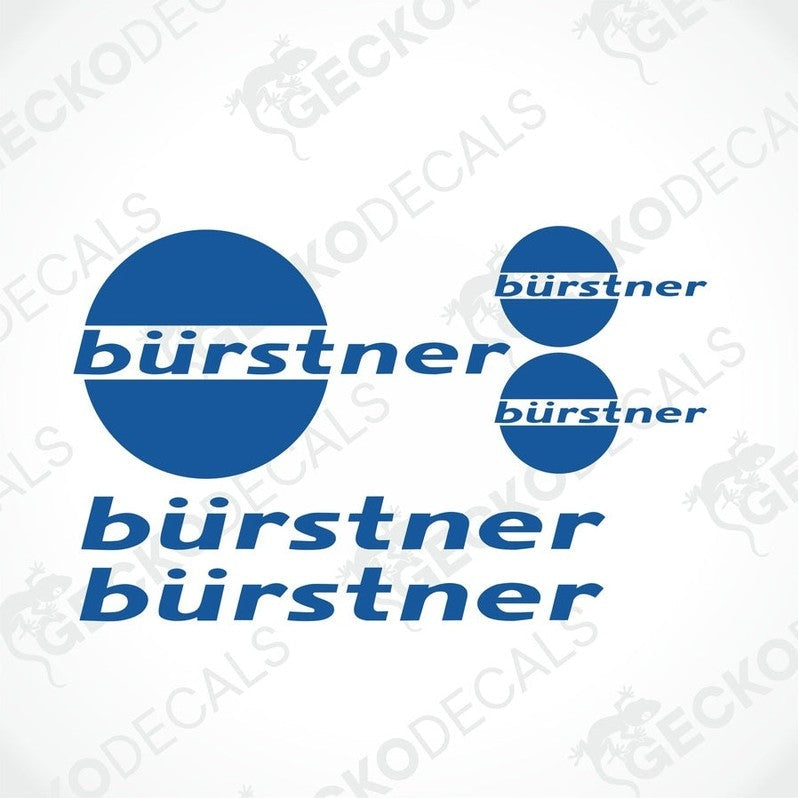 Set of various sized stickers with the BÜRSTNER brand logo and text in blue and white colors, designed for use on vehicles