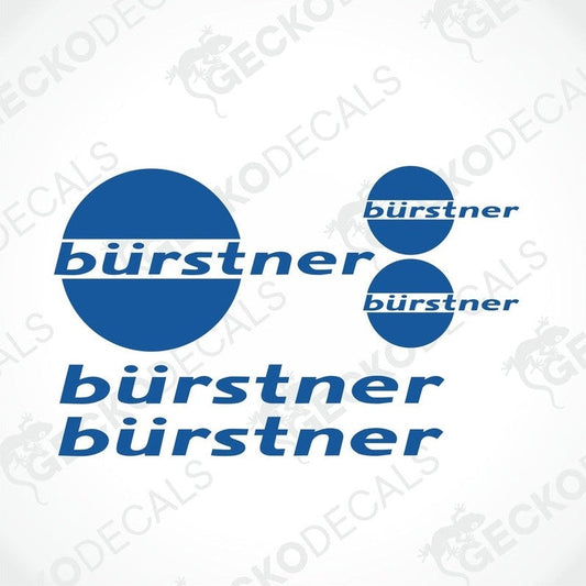 Set of various sized stickers with the BÜRSTNER brand logo and text in blue and white colors, designed for use on vehicles