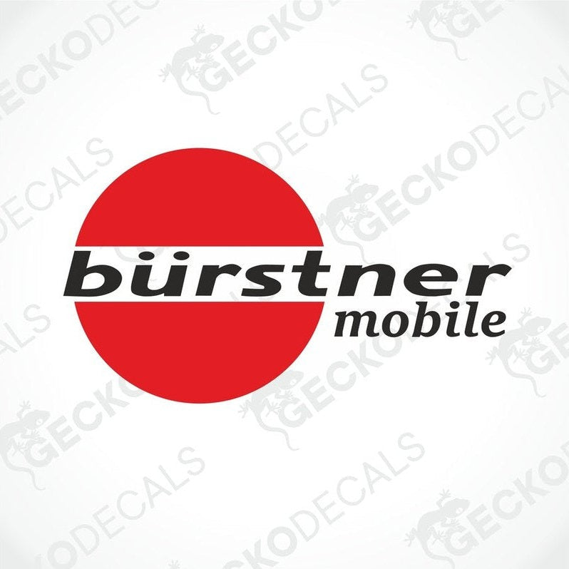 A sticker with the 'bürstner mobile' brand logo, predominantly red and white in color.