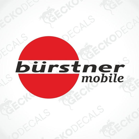 A sticker with the 'bürstner mobile' brand logo, predominantly red and white in color.