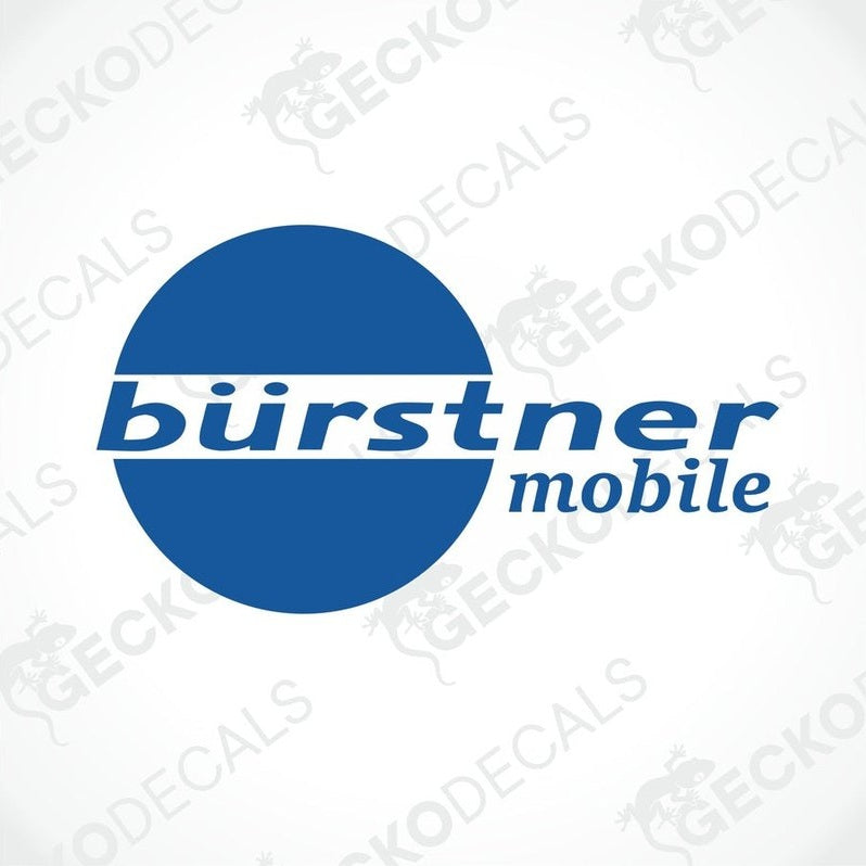 A blue, white, and gray die cut sticker with the text 'Bürstner Mobile' and a logo depicting a mobile phone signal strength icon.
