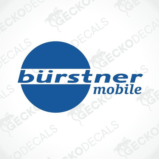 A blue, white, and gray die cut sticker with the text 'Bürstner Mobile' and a logo depicting a mobile phone signal strength icon.
