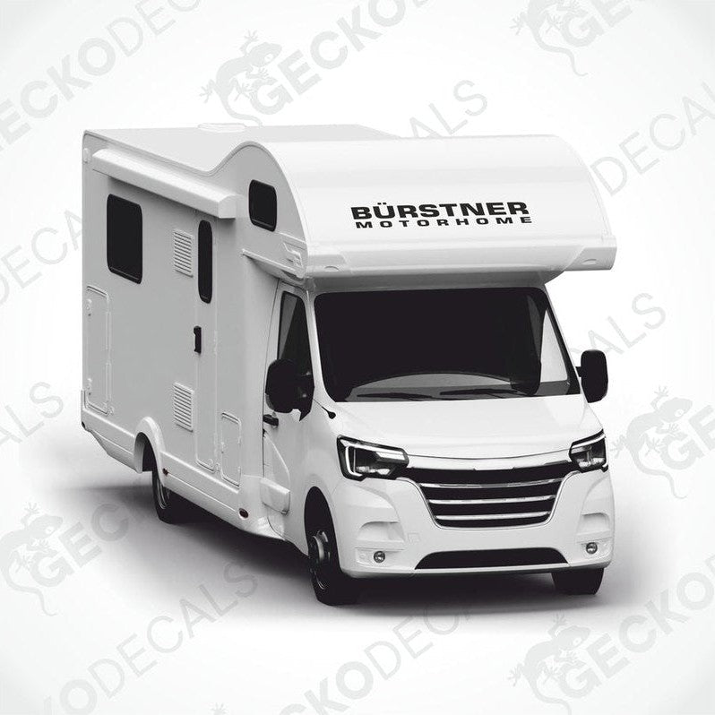 A white Bürstner motorhome decal on a white vehicle background.