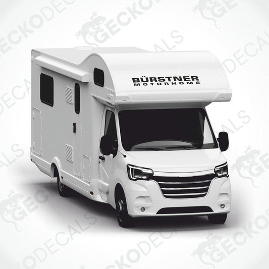 A white Bürstner motorhome decal on a white vehicle background.