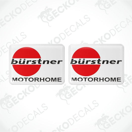 Two rectangular white vinyl decals with the text 'bürstner' and 'MOTORHOME' on them, predominantly red and black in color.