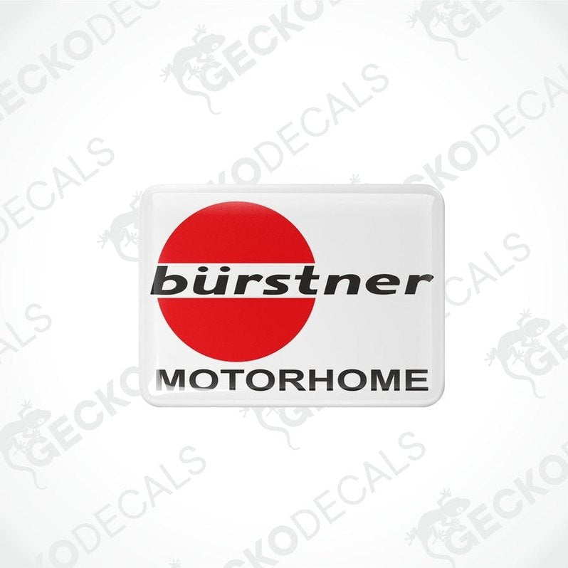 rectangular white vinyl decals with the text 'bürstner' and 'MOTORHOME' on them, predominantly red and black in color.