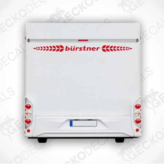 A rear view of a white caravan with the 'bÜrstner' brand logo decal displayed on it.