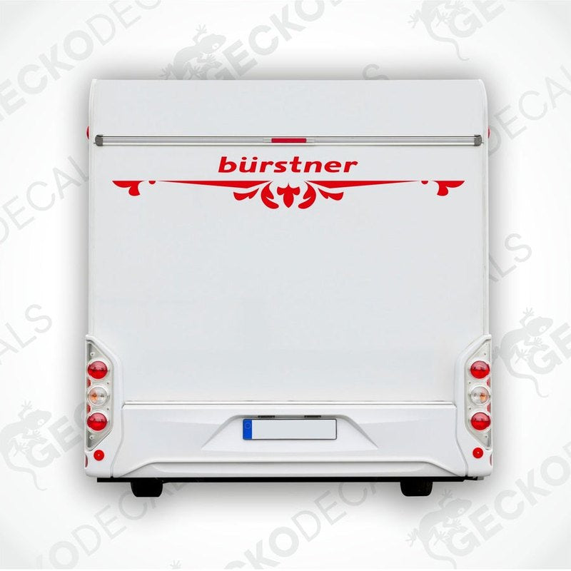 Rear view of a white Bürstner caravan with the brand's logo and the word 'bürstner' in red script, accompanied by red decorative elements.