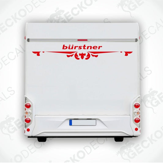 Rear view of a white Bürstner caravan with the brand's logo and the word 'bürstner' in red script, accompanied by red decorative elements.