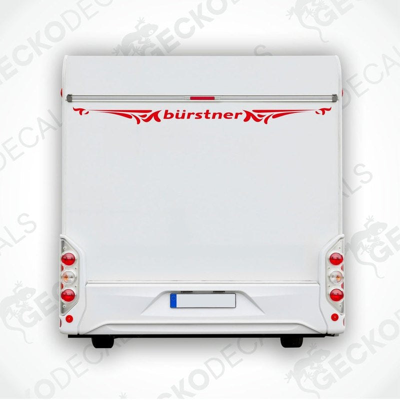 Rear view of a white Bürstner caravan with the brand's decal on the side.