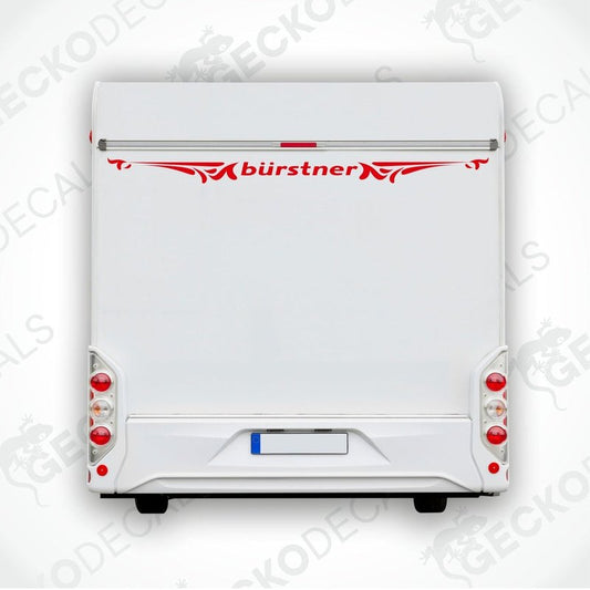 Rear view of a white Bürstner caravan with the brand's decal on the side.
