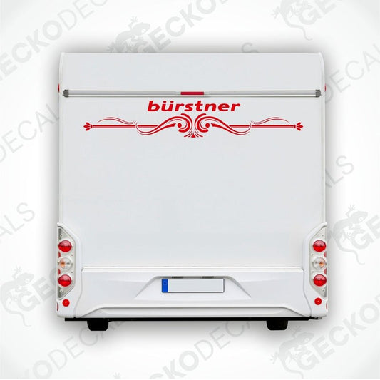 Rear view of a white Bürstner caravan with the brand's logo and a decorative red stripe.
