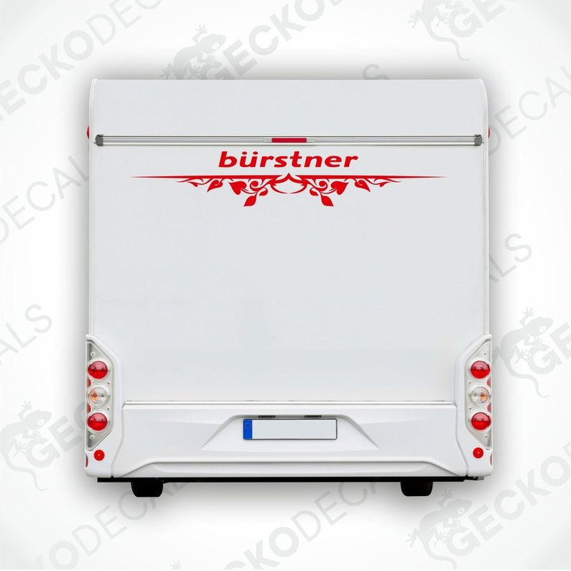 A die cut sticker with the brand name 'bÜrstner' and a decorative design, intended for use on the rear of a vehicle, displayed on a white background.