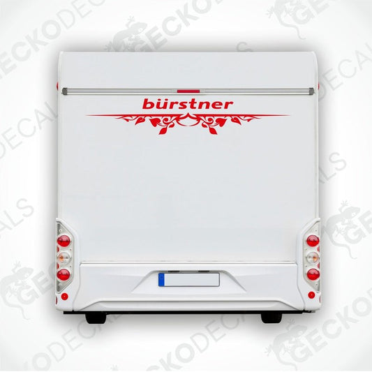 A die cut sticker with the brand name 'bÜrstner' and a decorative design, intended for use on the rear of a vehicle, displayed on a white background.