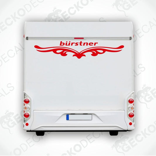 A white Bürstner brand decal for a caravan with red and black detailing.