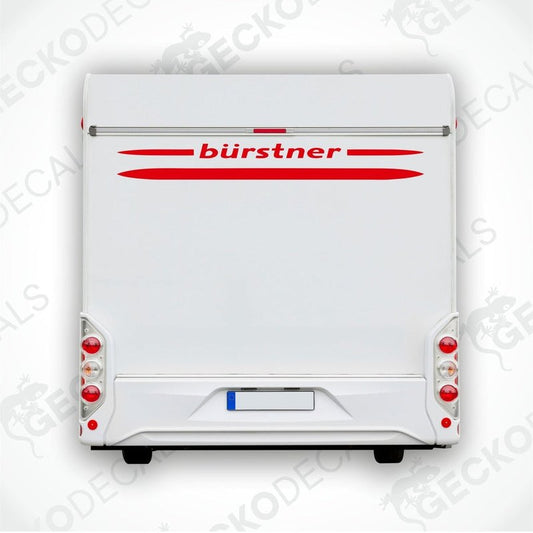 A die cut sticker with the brand name 'bÜrstner' printed in red on a white background, intended for use on vehicles.