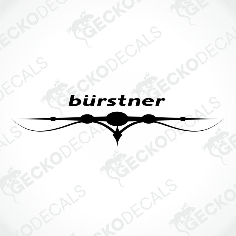 A die cut sticker with the brand name 'bÜrstner' and a red decorative design, intended for use on the rear of a caravan.