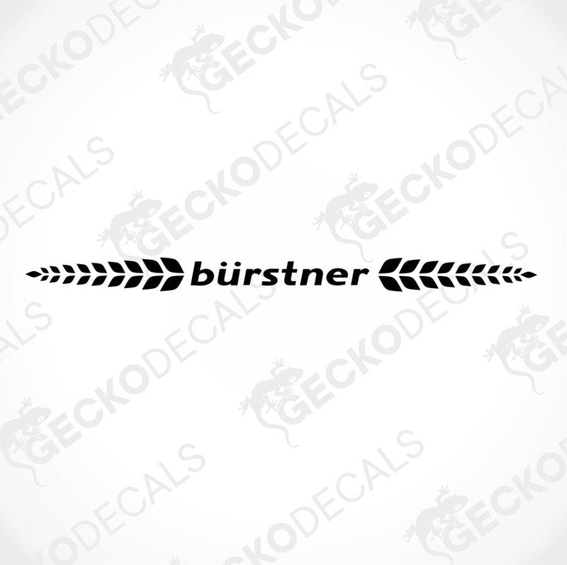 A rear view of a white caravan with the 'bÜrstner' brand logo decal displayed on it.