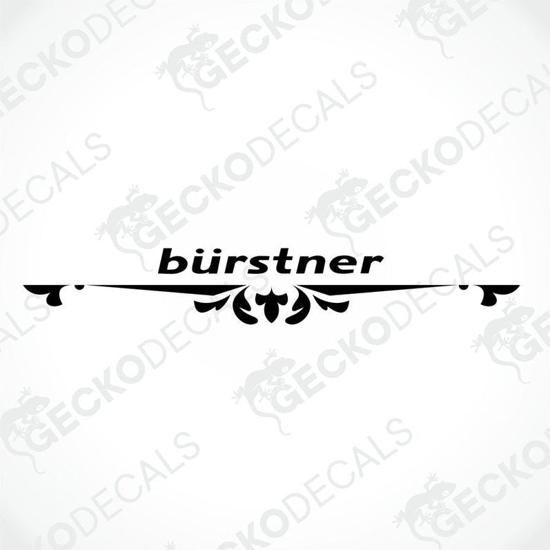 Rear view of a white Bürstner caravan with the brand's logo and the word 'bürstner' in red script, accompanied by red decorative elements.