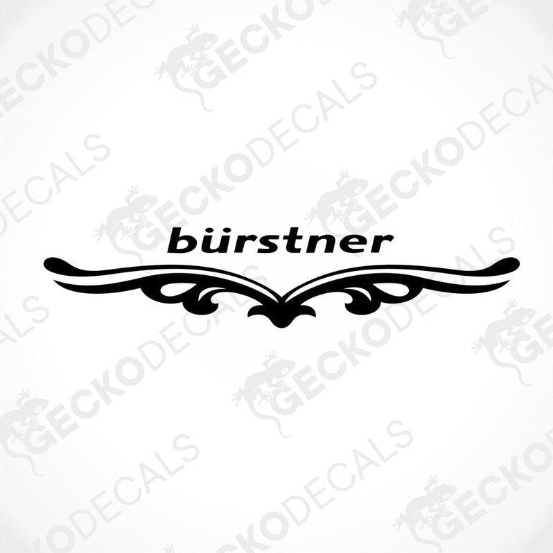 A white Bürstner brand decal for a caravan with red and black detailing.